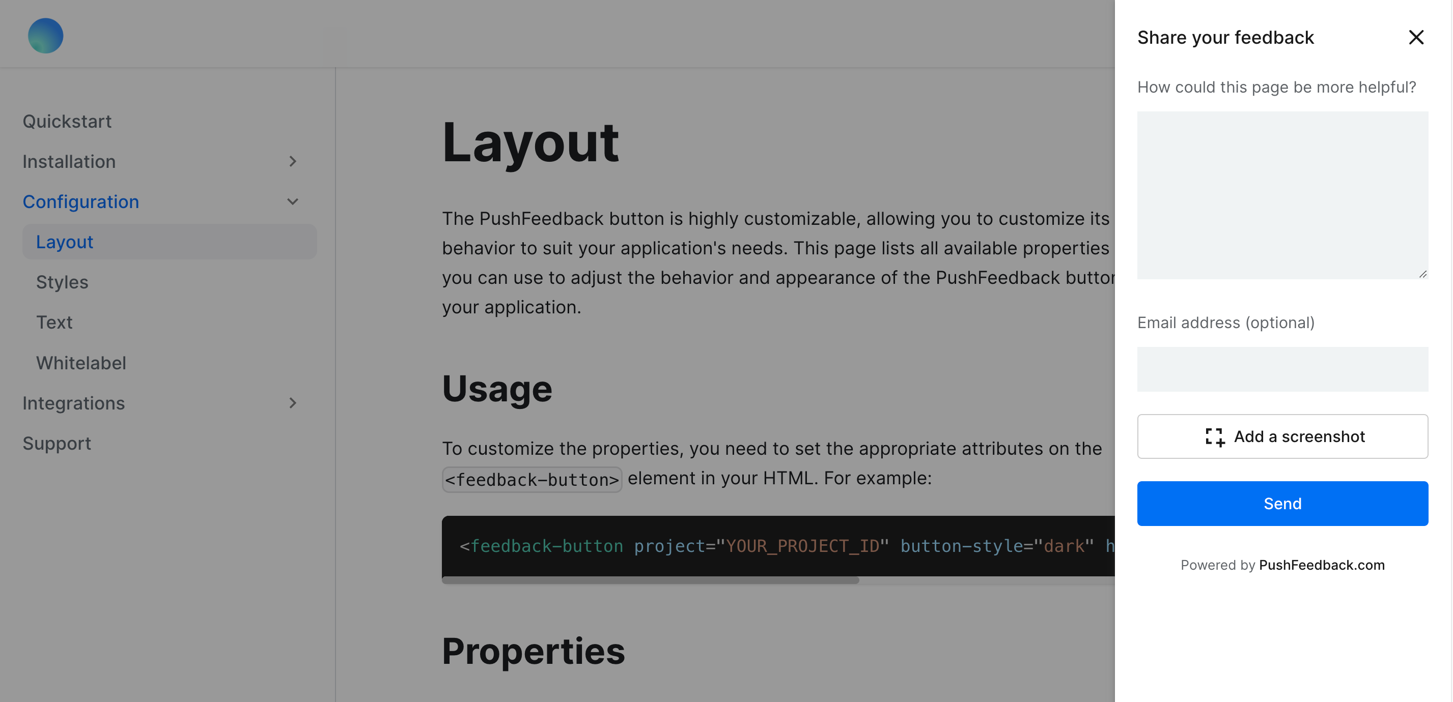 PushFeedback dashboard showing real user feedback from documentation